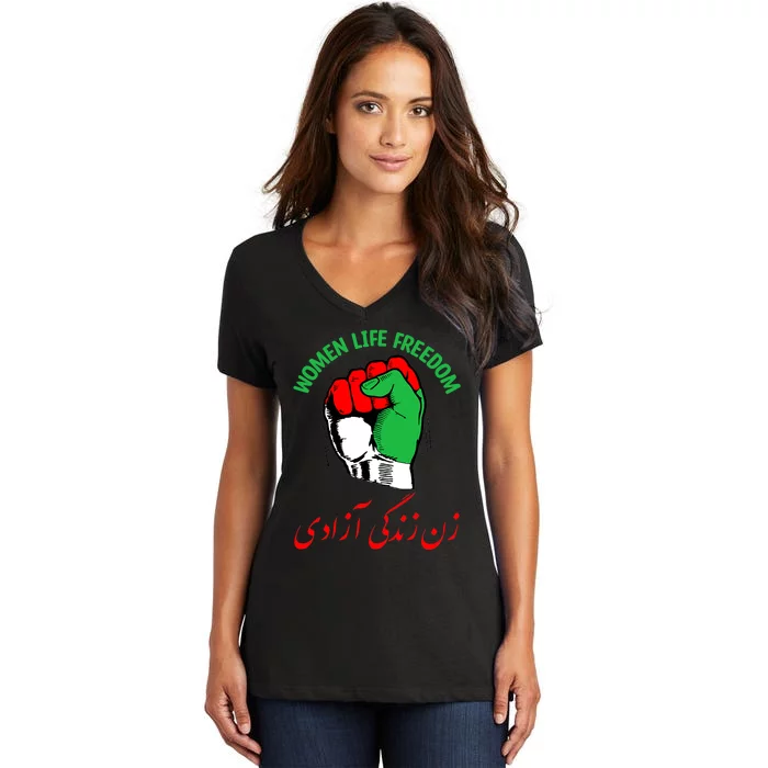 WOMEN LIFE FREEDOM Iran Flag Rise With  of Iran Women's V-Neck T-Shirt