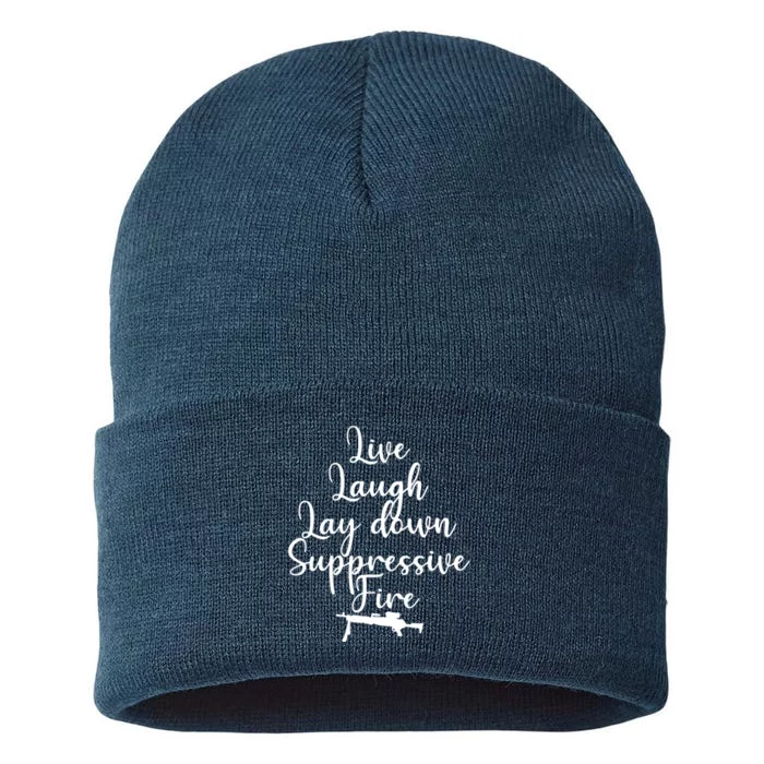 Wo Live Laugh Lay Down Suppressive Fire V-Neck Sustainable Knit Beanie