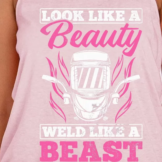 Wo Looks Like A Beauty Weld Like A Beast Welder Welding Women's Knotted Racerback Tank