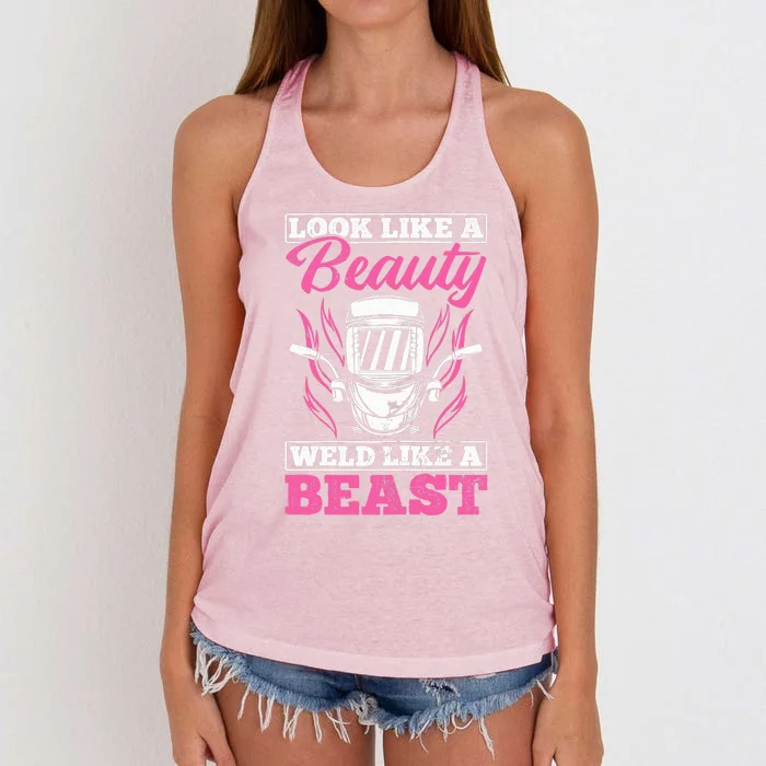 Wo Looks Like A Beauty Weld Like A Beast Welder Welding Women's Knotted Racerback Tank