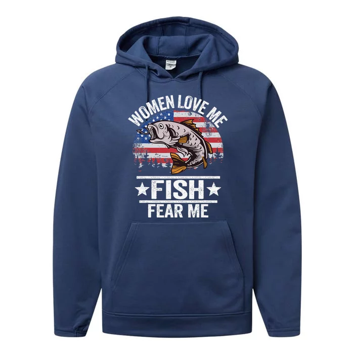 Women Love Me Fish Fear Me Vintage Funny Bass Fishing Performance Fleece Hoodie