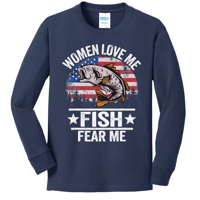 Women Love Me Fish Fear Me Vintage Funny Bass Fishing Kids Long Sleeve Shirt