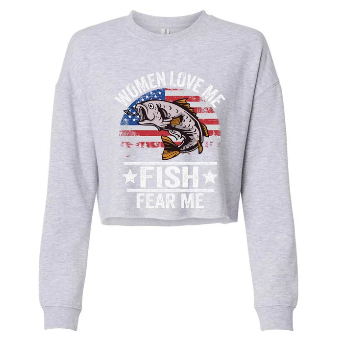 Women Love Me Fish Fear Me Vintage Funny Bass Fishing Cropped Pullover Crew