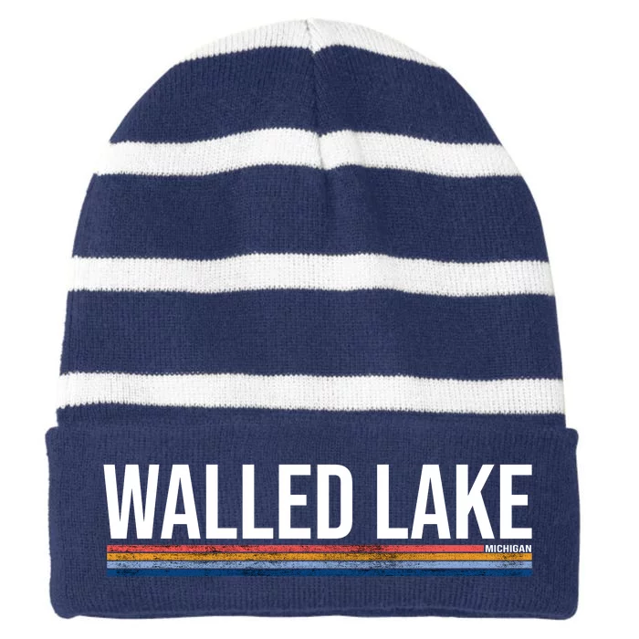 Walled Lake Michigan Retro Striped Beanie with Solid Band