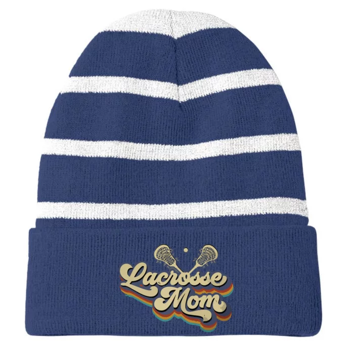 Womens Lacrosse Mom Vintage Retro Lacrosse Stick Sun Gift Striped Beanie with Solid Band