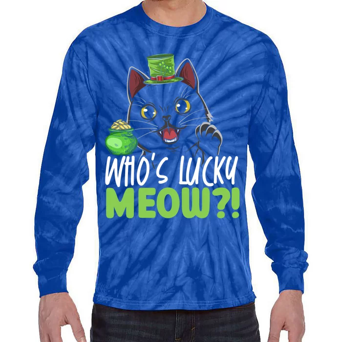 Who's Lucky Meow Irish Cat Lover Saint Patricks Day Gift Tie-Dye Long Sleeve Shirt