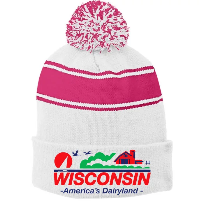 Wisconsin License Plate Americas Dairyland Stripe Pom Pom Beanie