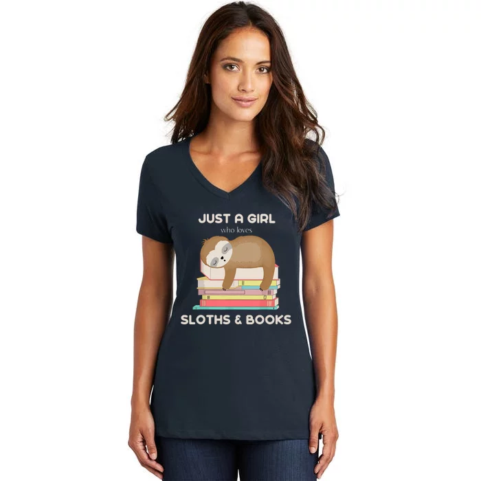 Who Loves Sloths And Books Reader Women's V-Neck T-Shirt