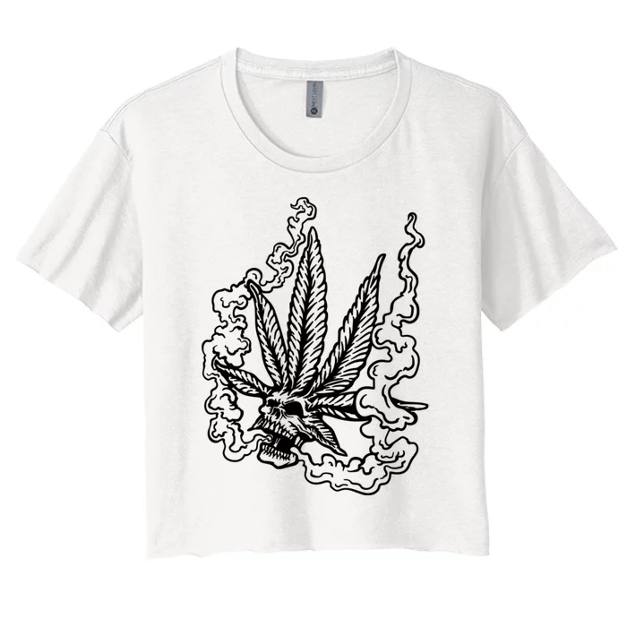 Weed Leaf Skull Skeleton Smoker Women's Crop Top Tee