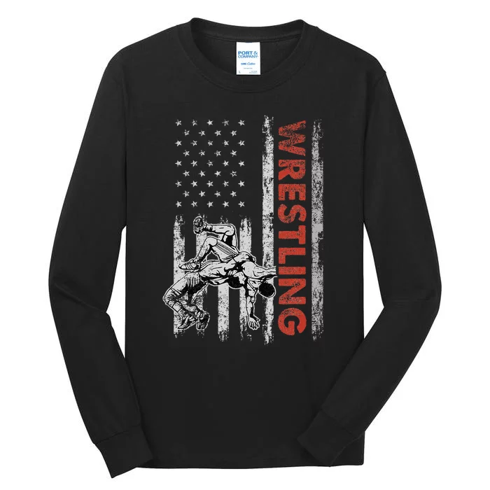 Wrestling Lovers Vintage American Flag 4th Of July Gift Tall Long Sleeve T-Shirt