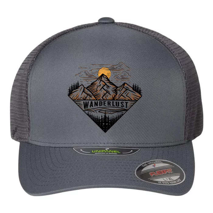 Wanderlust Mountain Adventure Graphic Flexfit Unipanel Trucker Cap