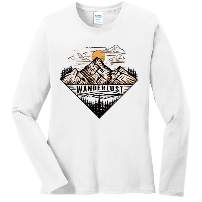 Wanderlust Mountain Adventure Graphic Ladies Long Sleeve Shirt