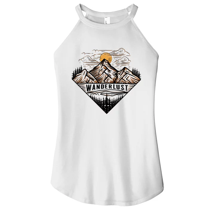 Wanderlust Mountain Adventure Graphic Women’s Perfect Tri Rocker Tank