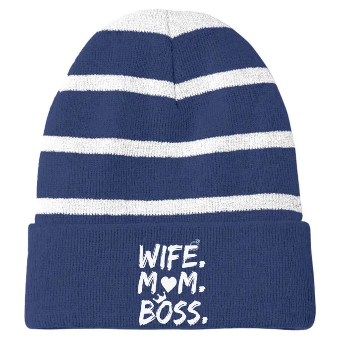 Wife Mom Boss Funny Mothers Day Striped Beanie with Solid Band