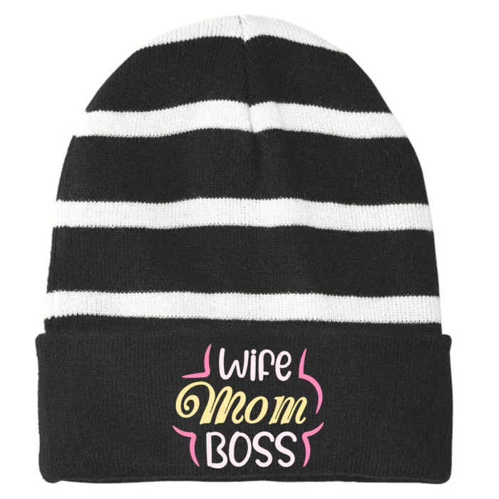 Wife Mom Boss T Striped Beanie with Solid Band