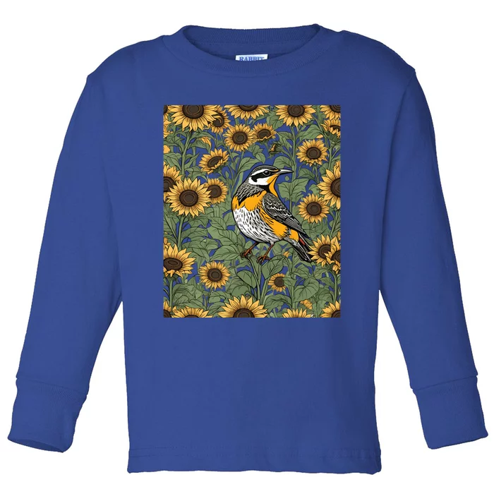 Western Meadowlark Bird Surrounded By Sunflowers Gift Toddler Long Sleeve Shirt