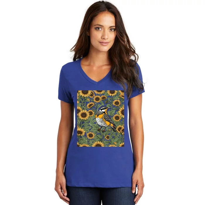 Western Meadowlark Bird Surrounded By Sunflowers Gift Women's V-Neck T-Shirt