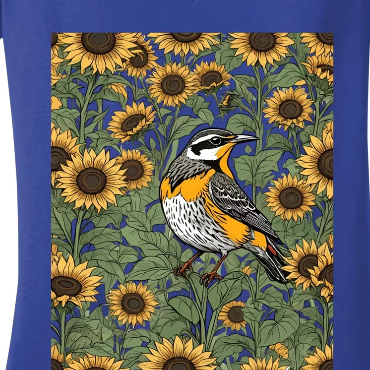 Western Meadowlark Bird Surrounded By Sunflowers Gift Women's V-Neck T-Shirt