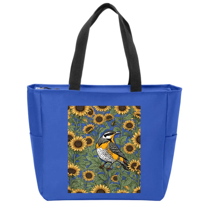 Western Meadowlark Bird Surrounded By Sunflowers Gift Zip Tote Bag