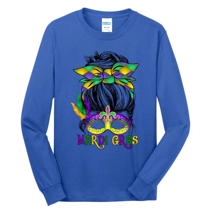 Wo Messy Bun Mardi Gras Feathered Mask Mardi Gras Party Gift Tall Long Sleeve T-Shirt