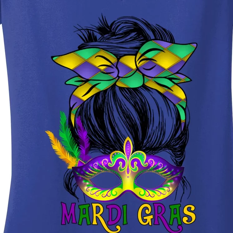 Wo Messy Bun Mardi Gras Feathered Mask Mardi Gras Party Gift Women's V-Neck T-Shirt