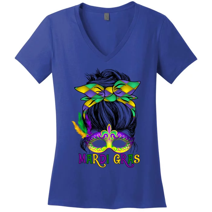 Wo Messy Bun Mardi Gras Feathered Mask Mardi Gras Party Gift Women's V-Neck T-Shirt