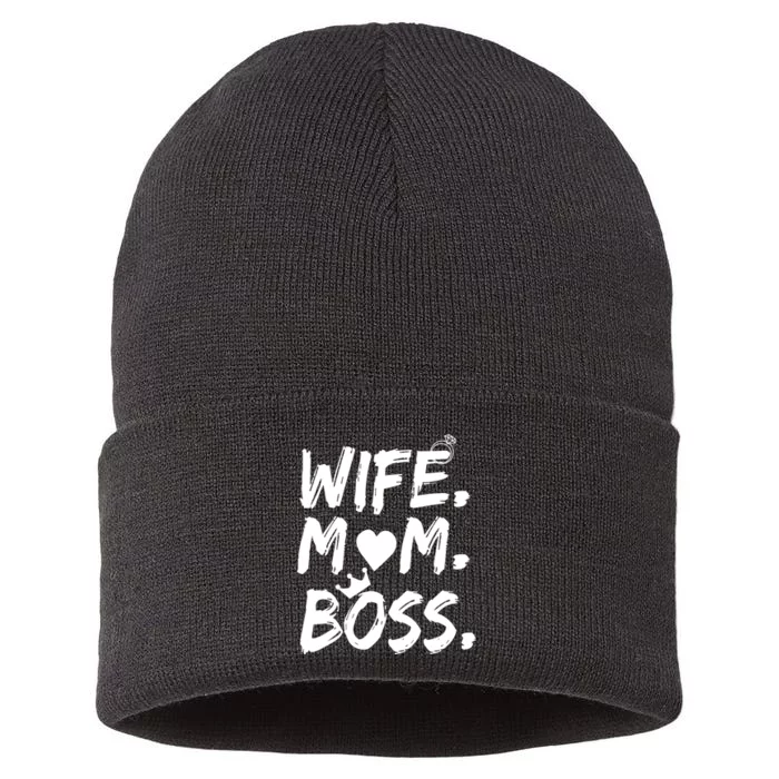 Wife Mom Boss Funny Mothers Day Sustainable Knit Beanie