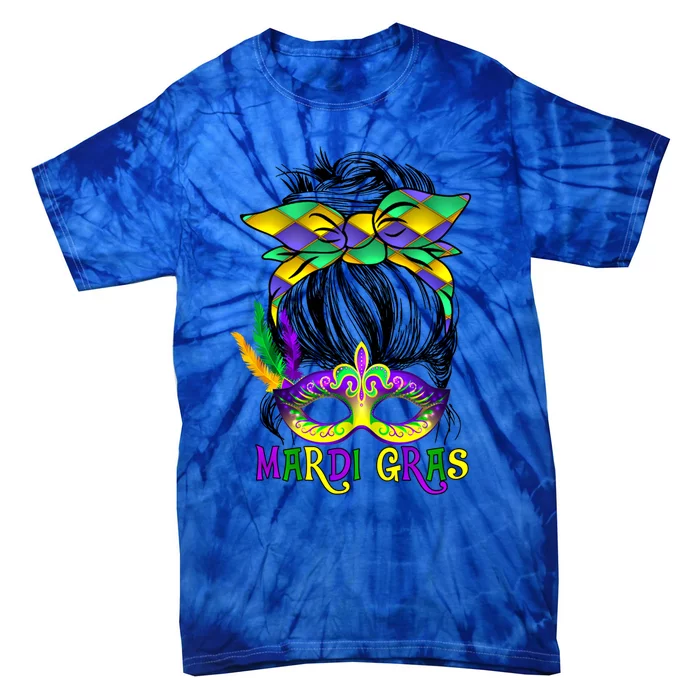 Wo Messy Bun Mardi Gras Feathered Mask Mardi Gras Party Gift Tie-Dye T-Shirt