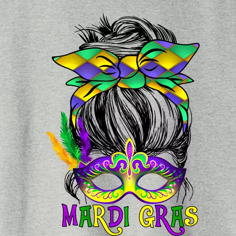 Wo Messy Bun Mardi Gras Feathered Mask Mardi Gras Party Gift Women's Crop Top Tee