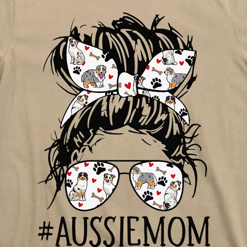 Womens Messy Bun Mom Aussie Mom Glasses Funny Dog Lovers T-Shirt