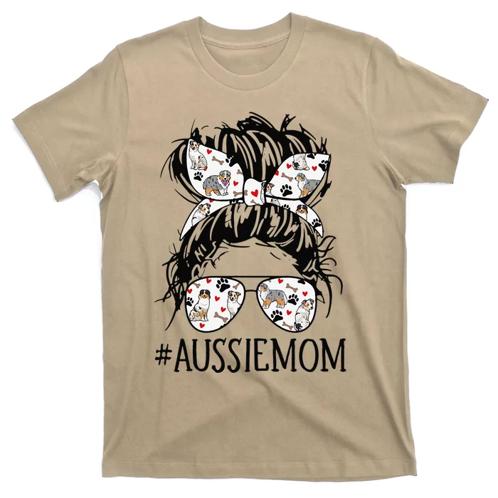 Womens Messy Bun Mom Aussie Mom Glasses Funny Dog Lovers T-Shirt