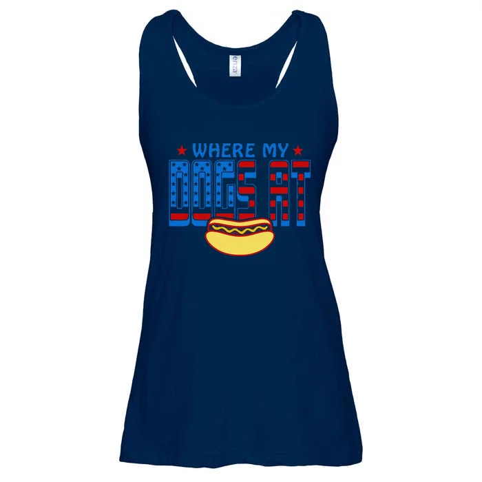 Where My Dogs At Funny 4th Of July Humor Hot Dog Lover Ladies Essential Flowy Tank