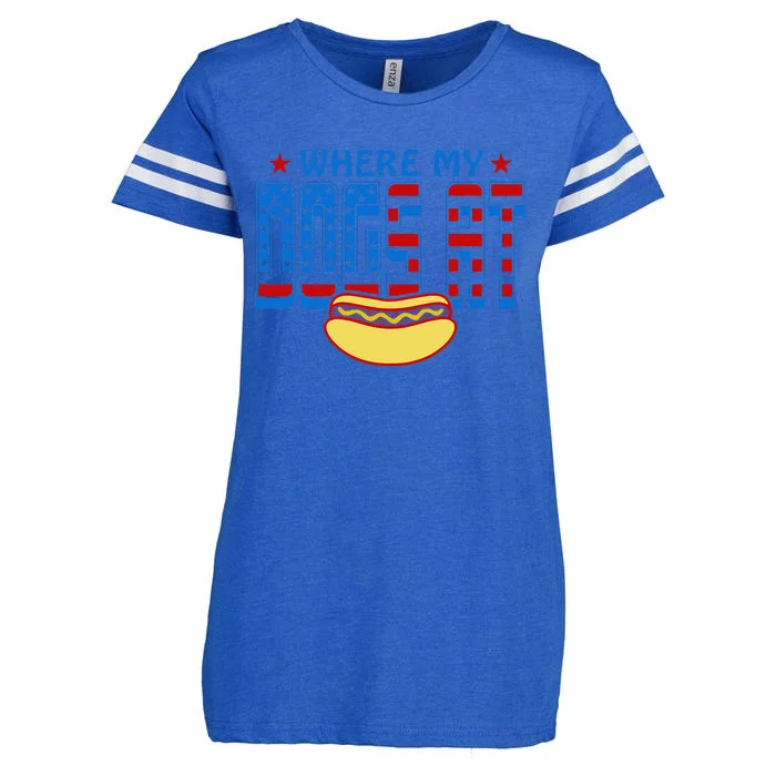 Where My Dogs At Funny 4th Of July Humor Hot Dog Lover Enza Ladies Jersey Football T-Shirt