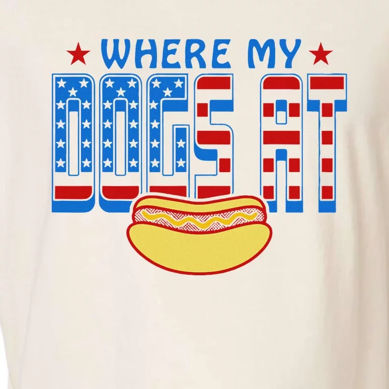 Where My Dogs At Funny 4th Of July Design Garment-Dyed Women's Muscle Tee