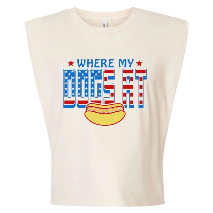 Where My Dogs At Funny 4th Of July Design Garment-Dyed Women's Muscle Tee