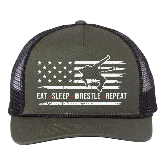 wrestling MMA eat sleep wrestle repeat funny theme wrestler Retro Rope Trucker Hat Cap