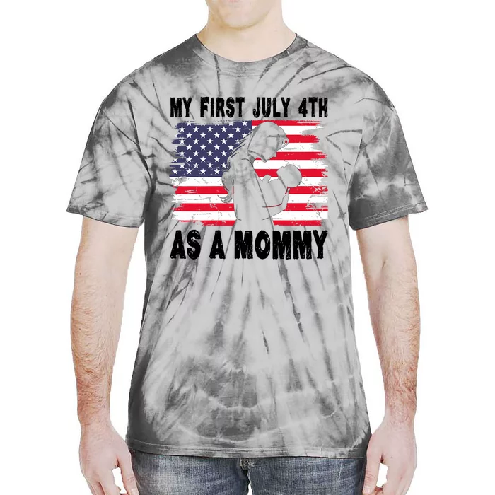 Women My First July 4th As Mommy New Mom 2024 Usa American Flag Tie-Dye T-Shirt