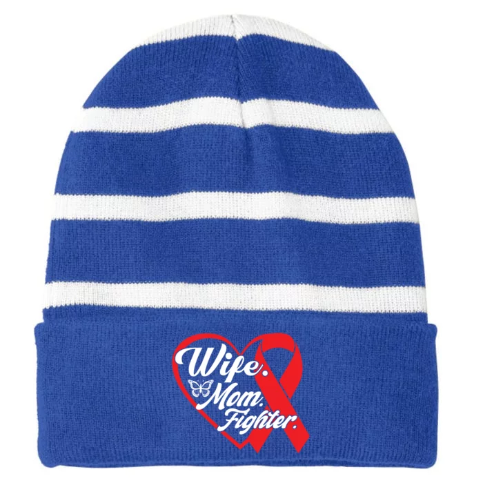 Wife Mom Fighter Heart Disease Awareness Gift Striped Beanie with Solid Band