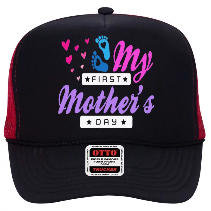 Women's My First Mothers Day Pregnancy Announcement High Crown Mesh Trucker Hat