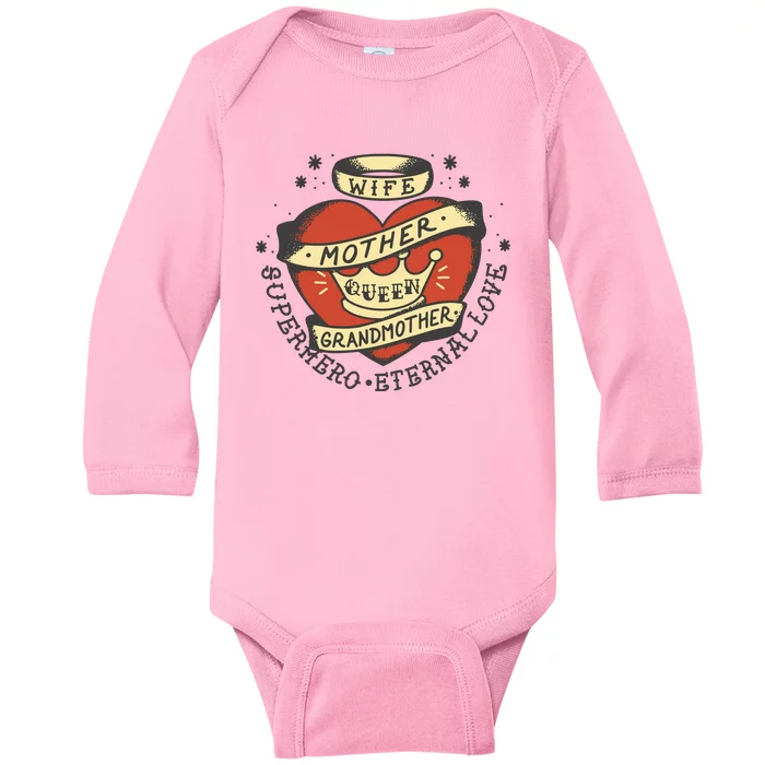 Wife Mother Grandmother Queen Heart Gift Baby Long Sleeve Bodysuit