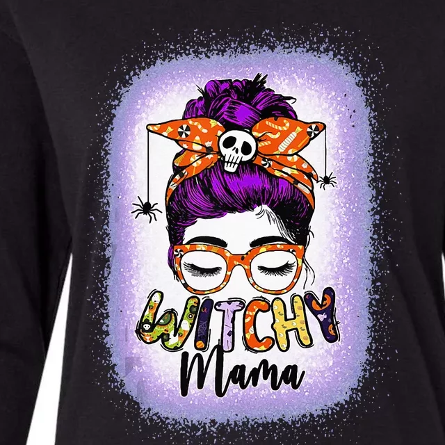 Witchy Mama Halloween Messy Bun Skull Witch Mom  Spooky Womens Cotton Relaxed Long Sleeve T-Shirt