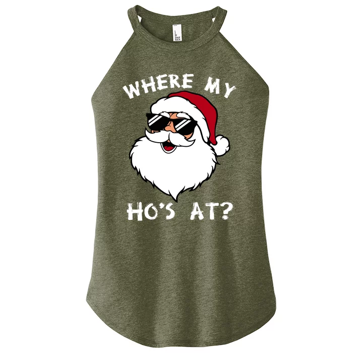 Where My Hos At? Christmas Pajamas Santa Xmas Humor Funny Women’s Perfect Tri Rocker Tank