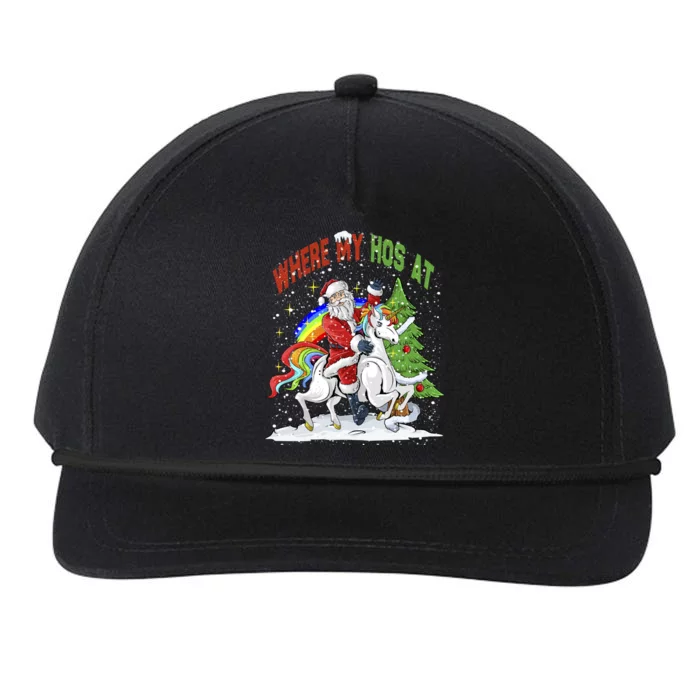 Where My HoS At Santa Claus Riding Unicorn Happy Christmas Gift Snapback Five-Panel Rope Hat