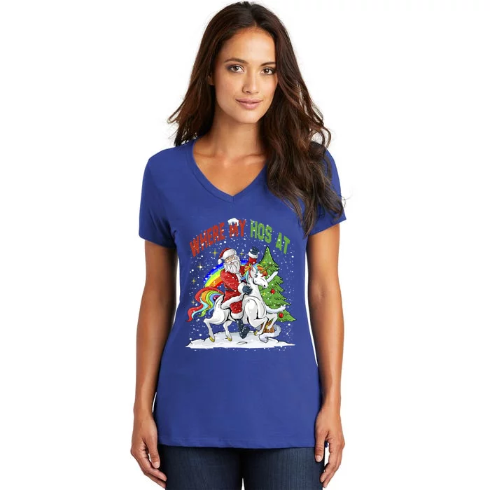 Where My HoS At Santa Claus Riding Unicorn Happy Christmas Gift Women's V-Neck T-Shirt