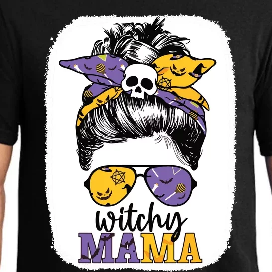 Witchy Mama Halloween Skull Witch Mom Messy Bun Spooky Pajama Set