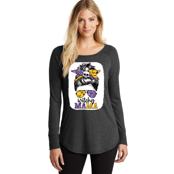 Witchy Mama Halloween Skull Witch Mom Messy Bun Spooky Women's Perfect Tri Tunic Long Sleeve Shirt