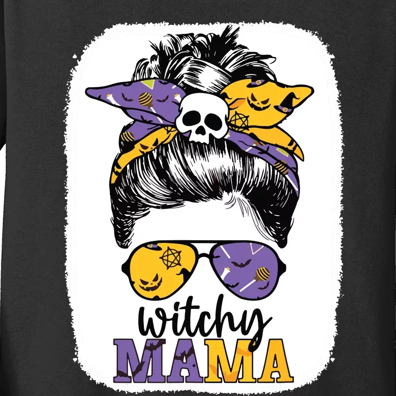 Witchy Mama Halloween Skull Witch Mom Messy Bun Spooky Kids Long Sleeve Shirt