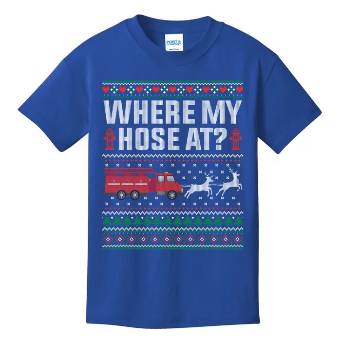 Where My Hose At Firefighter Ugly Christmas Sweater Gift Kids T-Shirt