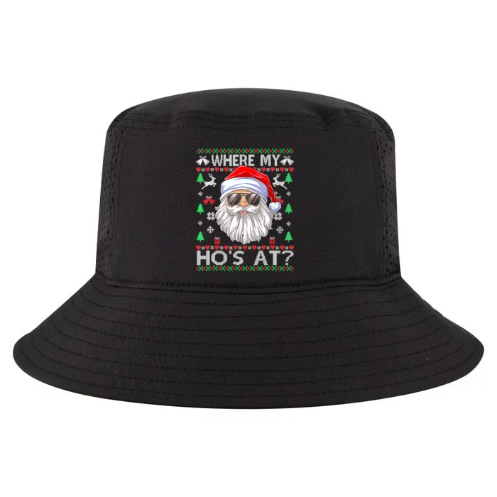 Where My Hos At Christmas Pajamas Santa Adult Humor Funny Cool Comfort Performance Bucket Hat