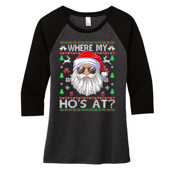 Where My Hos At Christmas Pajamas Santa Adult Humor Funny Women's Tri-Blend 3/4-Sleeve Raglan Shirt